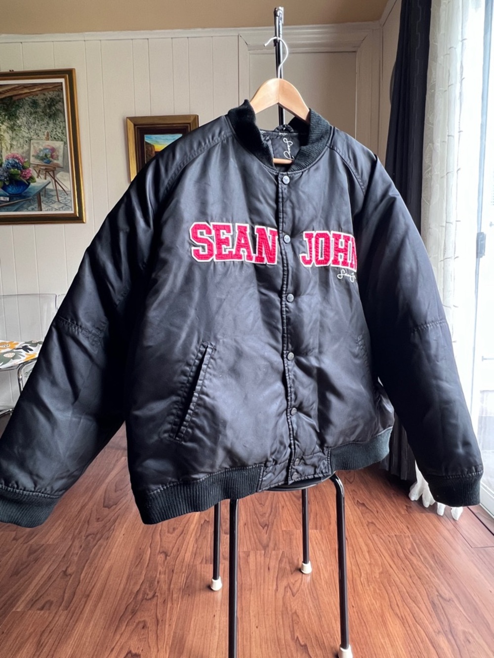 Vintage Sean John Black 70% Down Bomber Jacket with Red Lettering Patch, XL